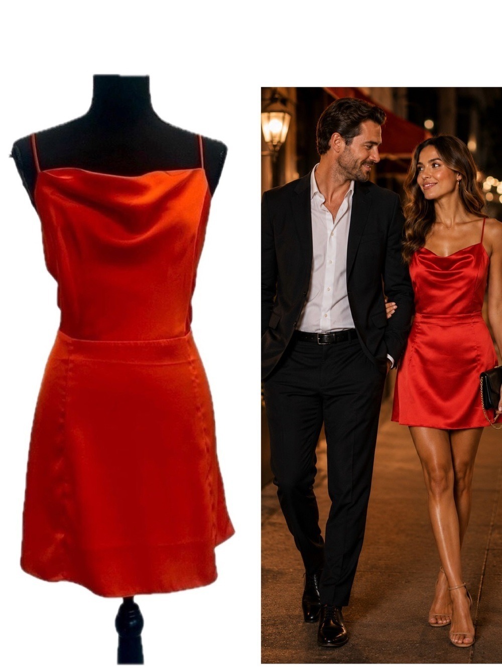 Femme dark orange satin effect draped Cowl neck spaghetti strap mini dress Sz M